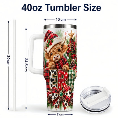 #pl[40oz|White] Watercolor Highland Cow 40oz Tumbler with Handle, Christmas Travel Cup