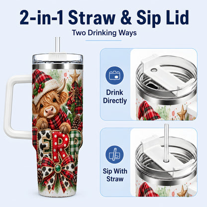#pl[40oz|White] Watercolor Highland Cow 40oz Tumbler with Handle, Christmas Travel Cup