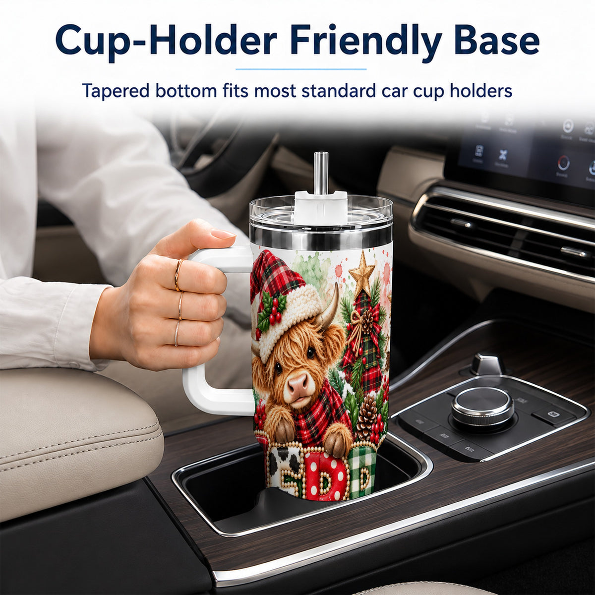 Watercolor Highland Cow 40oz Tumbler with Handle, Christmas Travel Cup