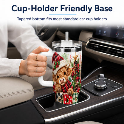 Watercolor Highland Cow 40oz Tumbler with Handle, Christmas Travel Cup