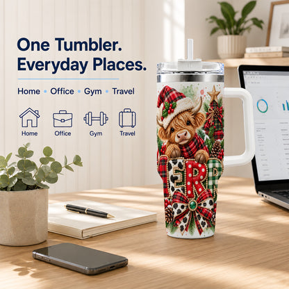 Watercolor Highland Cow 40oz Tumbler with Handle, Christmas Travel Cup