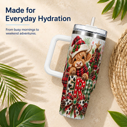Watercolor Highland Cow 40oz Tumbler with Handle, Christmas Travel Cup