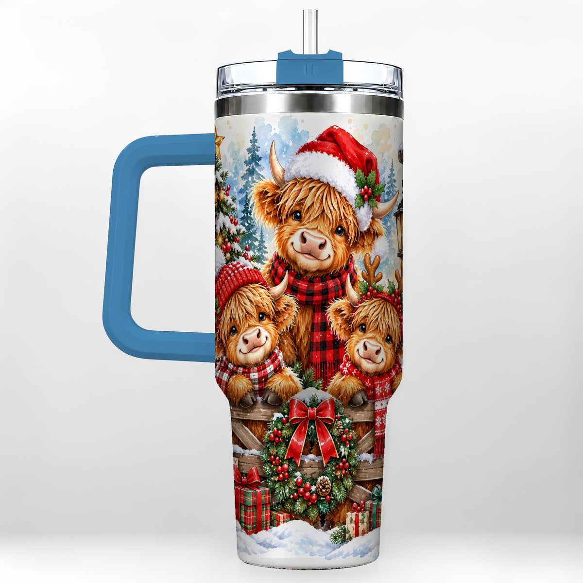 #pl[40oz|Blue] Highland Cow Family 40oz Tumbler with Handle, Winter Travel Cup