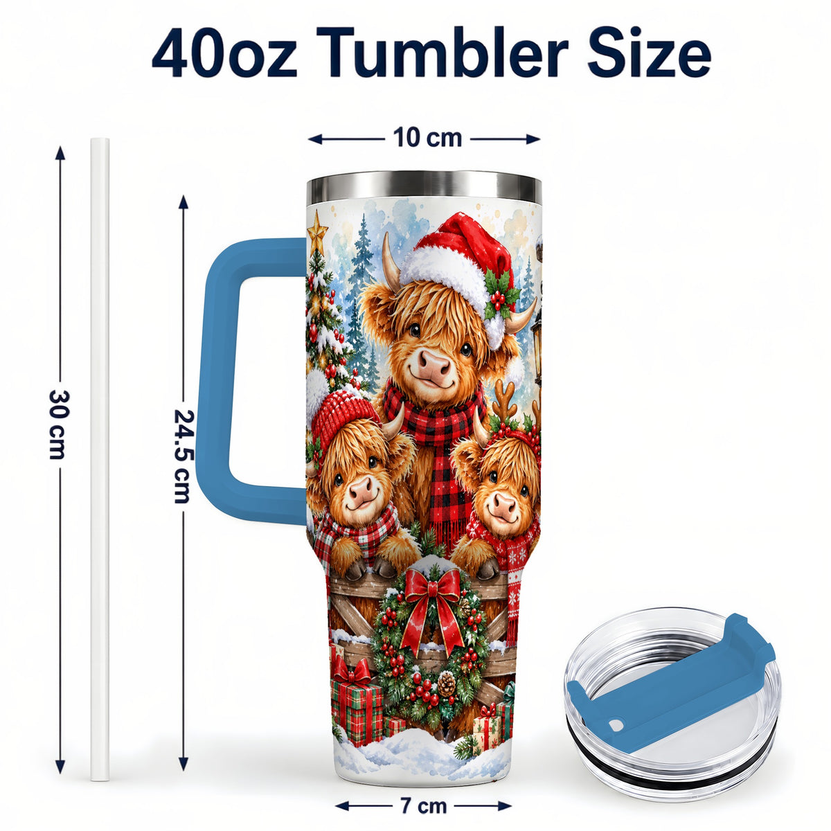 #pl[40oz|Blue] Highland Cow Family 40oz Tumbler with Handle, Winter Travel Cup
