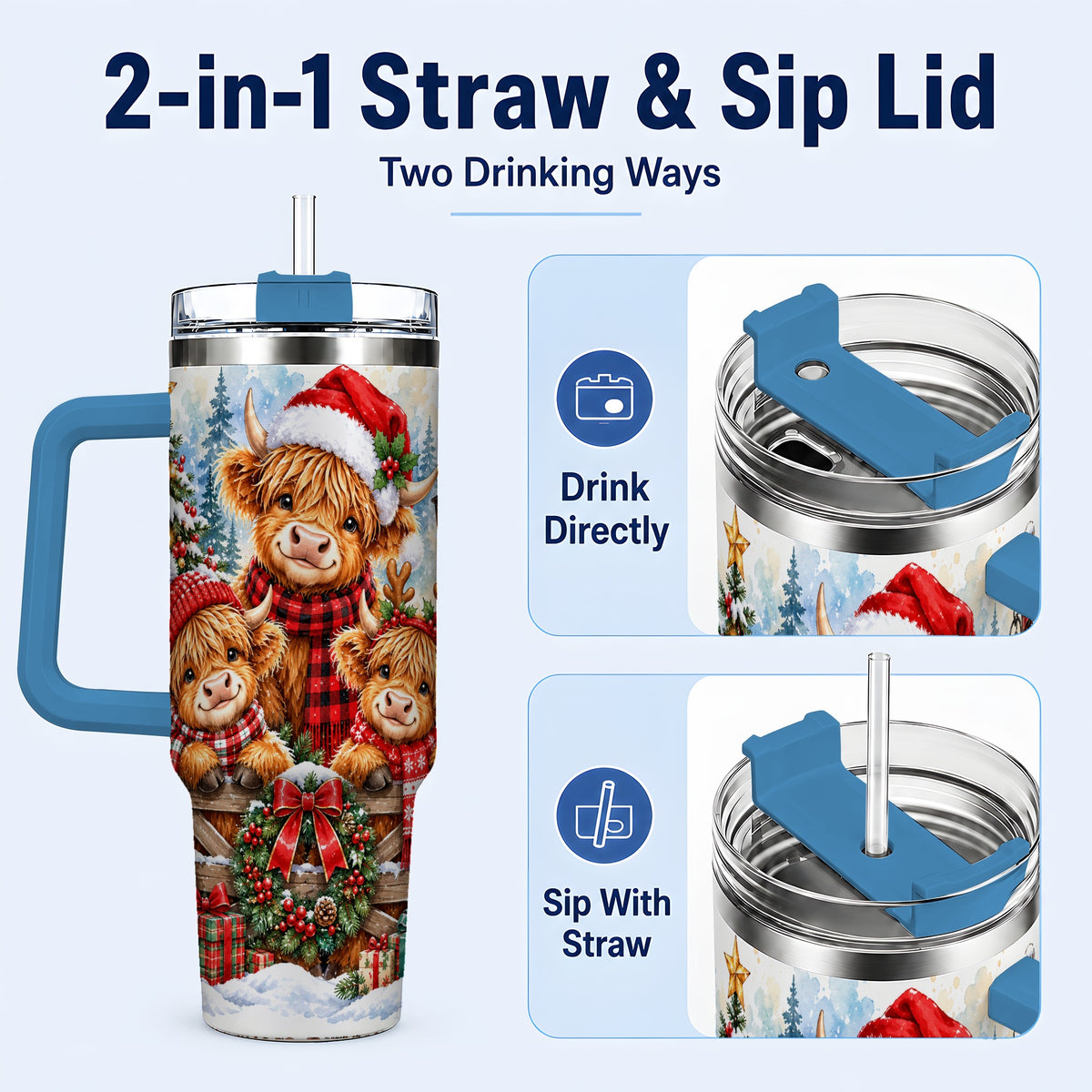 #pl[40oz|Blue] Highland Cow Family 40oz Tumbler with Handle, Winter Travel Cup