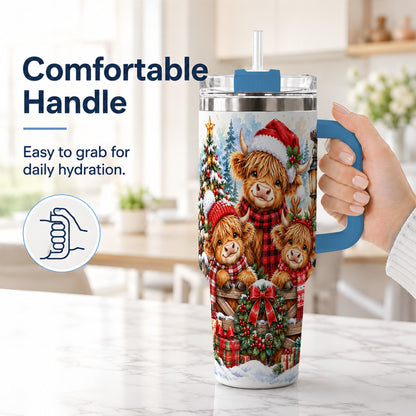 #pl[40oz|Blue] Highland Cow Family 40oz Tumbler with Handle, Winter Travel Cup