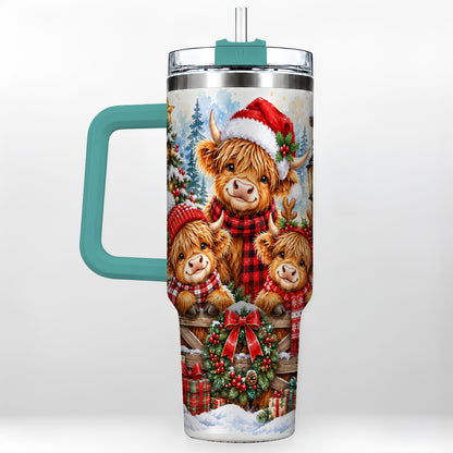 #pl[40oz|Green] Highland Cow Family 40oz Tumbler with Handle, Winter Travel Cup