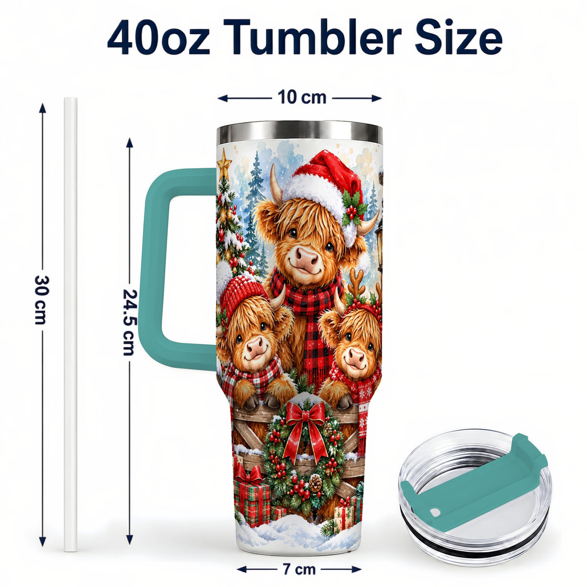 #pl[40oz|Green] Highland Cow Family 40oz Tumbler with Handle, Winter Travel Cup