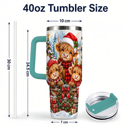 #pl[40oz|Green] Highland Cow Family 40oz Tumbler with Handle, Winter Travel Cup