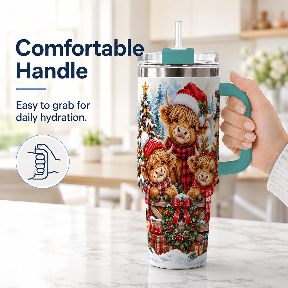 #pl[40oz|Green] Highland Cow Family 40oz Tumbler with Handle, Winter Travel Cup