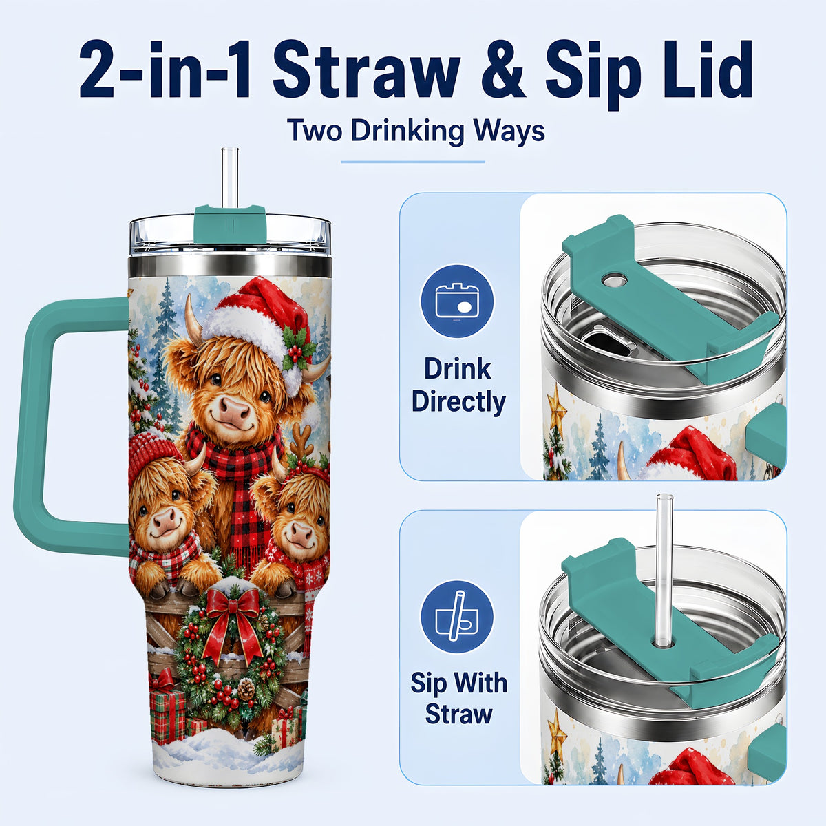 #pl[40oz|Green] Highland Cow Family 40oz Tumbler with Handle, Winter Travel Cup