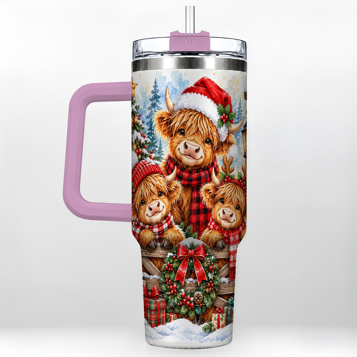 #pl[40oz|Pink] Highland Cow Family 40oz Tumbler with Handle, Winter Travel Cup