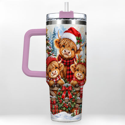 #pl[40oz|Pink] Highland Cow Family 40oz Tumbler with Handle, Winter Travel Cup