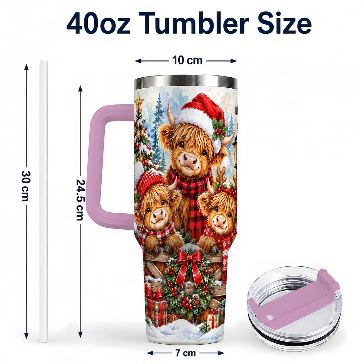 #pl[40oz|Pink] Highland Cow Family 40oz Tumbler with Handle, Winter Travel Cup