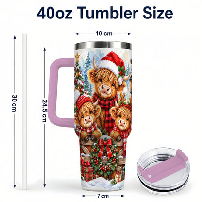 #pl[40oz|Pink] Highland Cow Family 40oz Tumbler with Handle, Winter Travel Cup