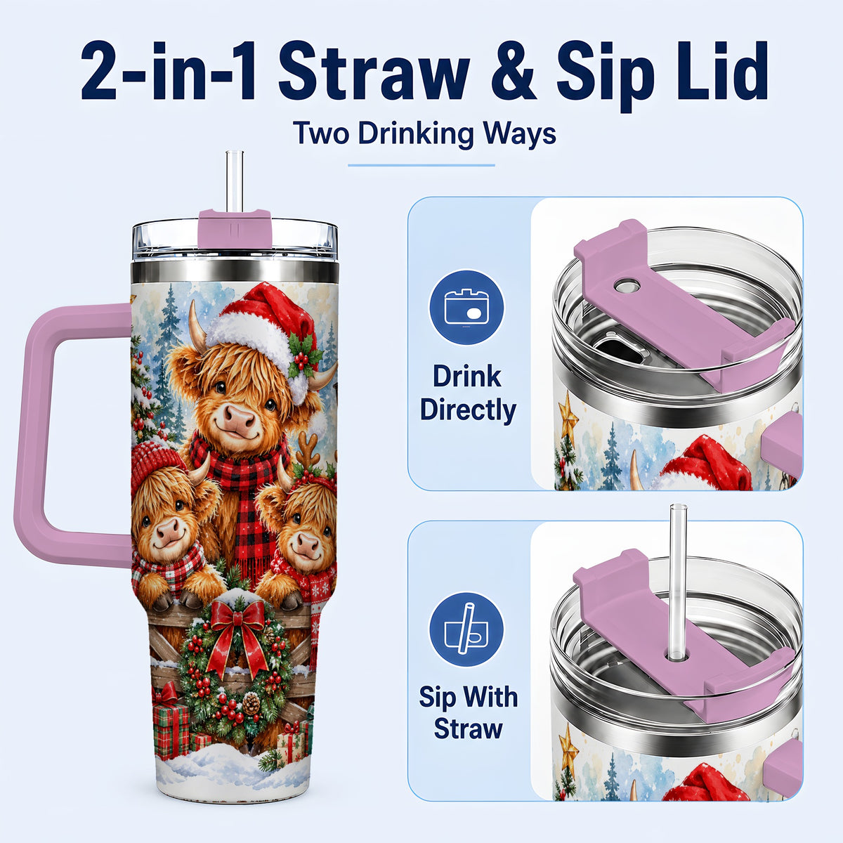 #pl[40oz|Pink] Highland Cow Family 40oz Tumbler with Handle, Winter Travel Cup