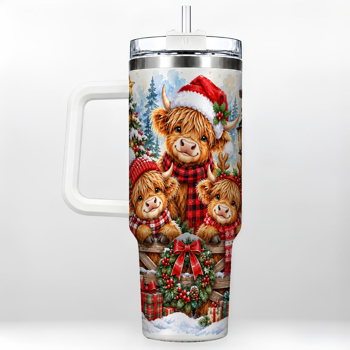 Highland Cow Family 40oz Tumbler with Handle, Winter Travel Cup