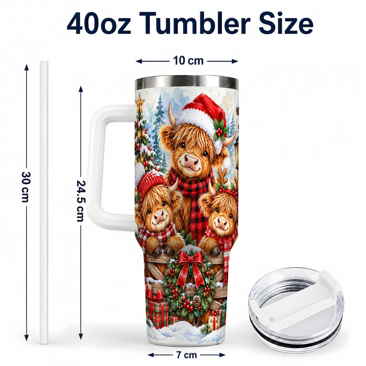 #pl[40oz|White] Highland Cow Family 40oz Tumbler with Handle, Winter Travel Cup