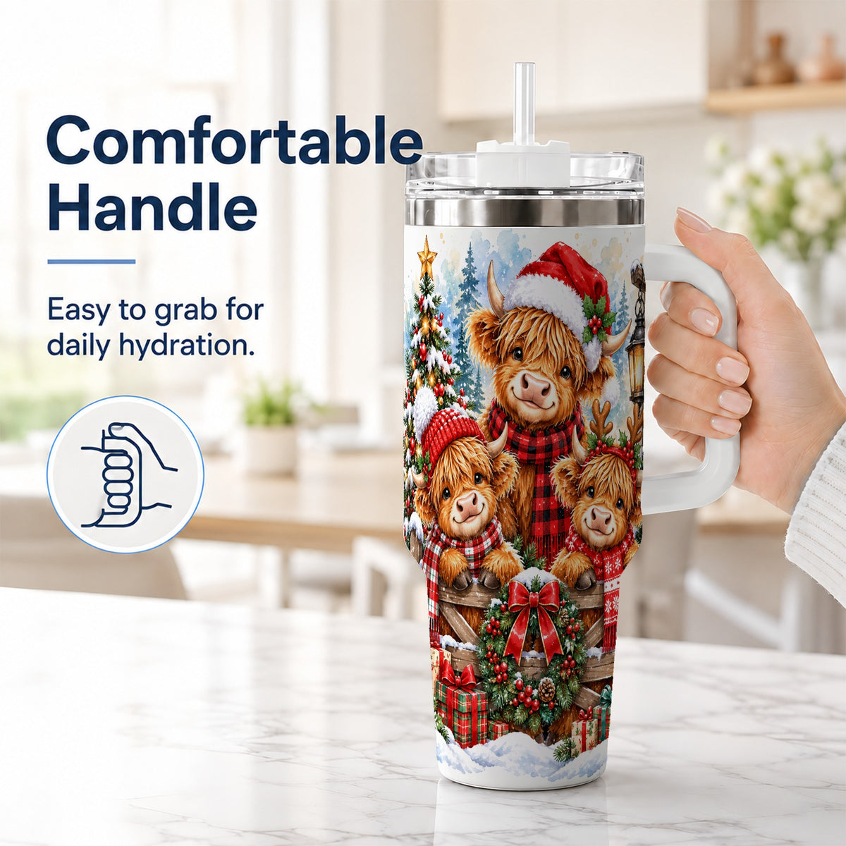 #pl[40oz|White] Highland Cow Family 40oz Tumbler with Handle, Winter Travel Cup