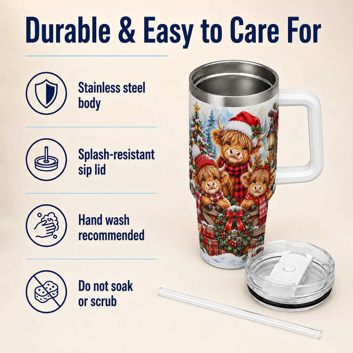 Highland Cow Family 40oz Tumbler with Handle, Winter Travel Cup