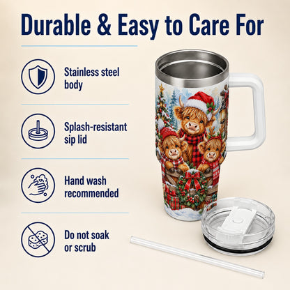 Highland Cow Family 40oz Tumbler with Handle, Winter Travel Cup