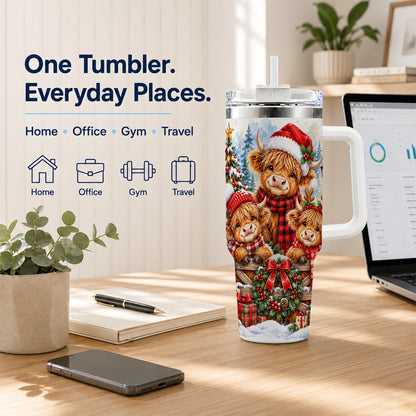 Highland Cow Family 40oz Tumbler with Handle, Winter Travel Cup