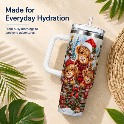 Highland Cow Family 40oz Tumbler with Handle, Winter Travel Cup