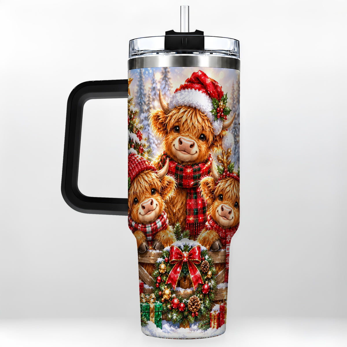 #pl[40oz|Black] Sparkling Highland Cow 40oz Tumbler with Handle, Christmas Travel Cup