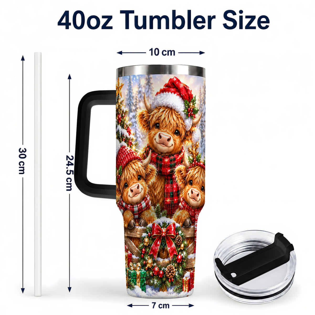 #pl[40oz|Black] Sparkling Highland Cow 40oz Tumbler with Handle, Christmas Travel Cup