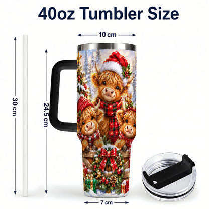 #pl[40oz|Black] Sparkling Highland Cow 40oz Tumbler with Handle, Christmas Travel Cup