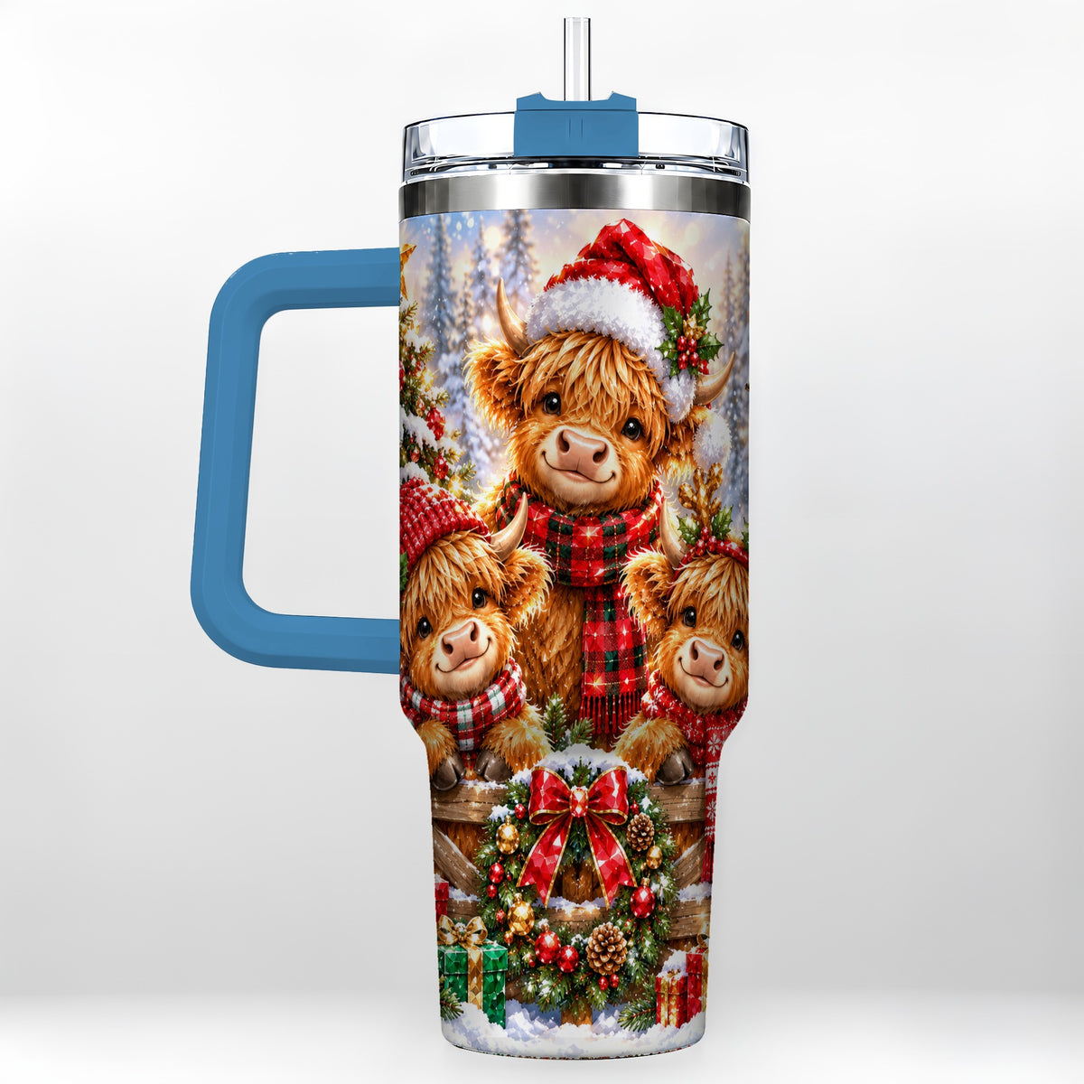 #pl[40oz|Blue] Sparkling Highland Cow 40oz Tumbler with Handle, Christmas Travel Cup