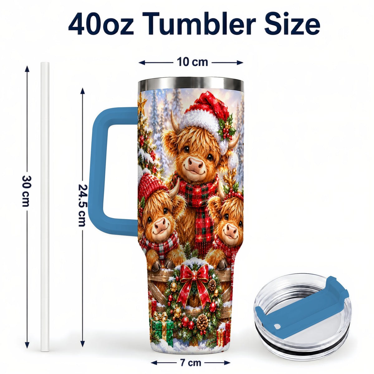 #pl[40oz|Blue] Sparkling Highland Cow 40oz Tumbler with Handle, Christmas Travel Cup
