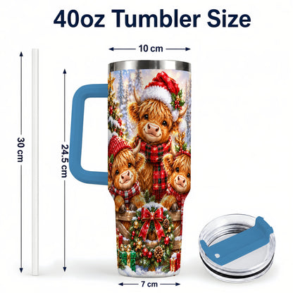 #pl[40oz|Blue] Sparkling Highland Cow 40oz Tumbler with Handle, Christmas Travel Cup