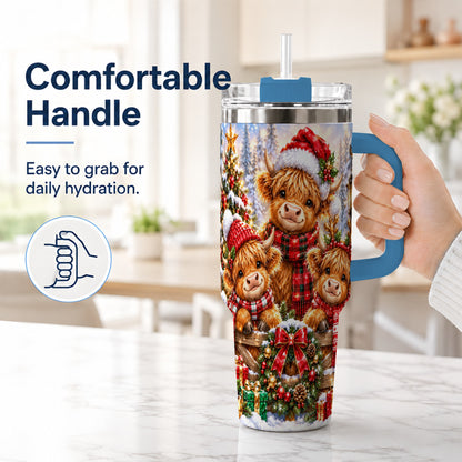 #pl[40oz|Blue] Sparkling Highland Cow 40oz Tumbler with Handle, Christmas Travel Cup