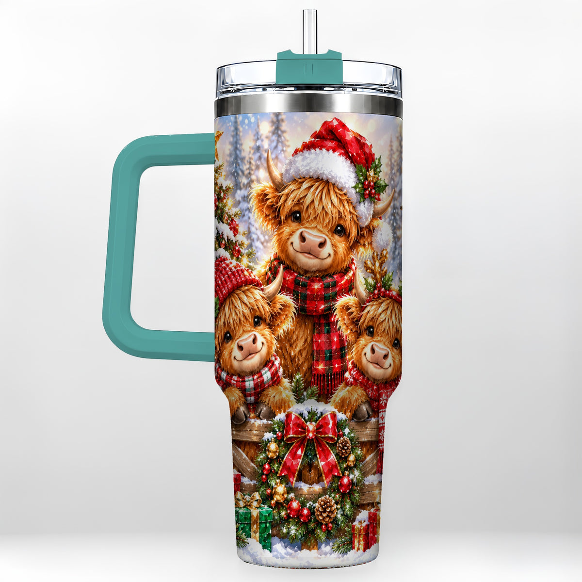#pl[40oz|Green] Sparkling Highland Cow 40oz Tumbler with Handle, Christmas Travel Cup