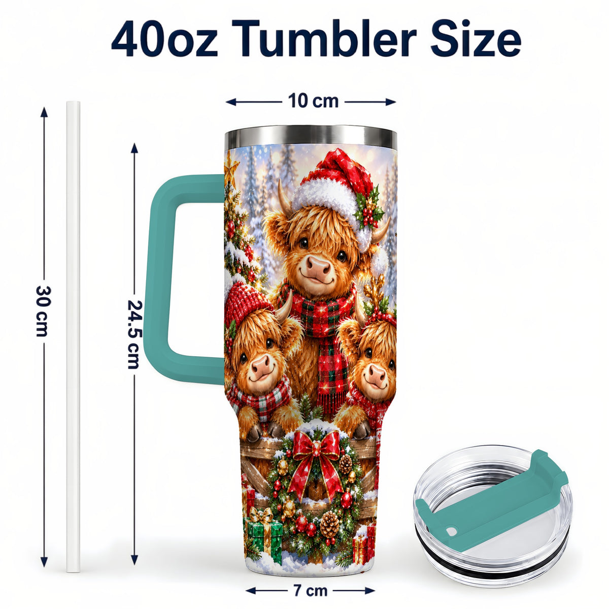 #pl[40oz|Green] Sparkling Highland Cow 40oz Tumbler with Handle, Christmas Travel Cup