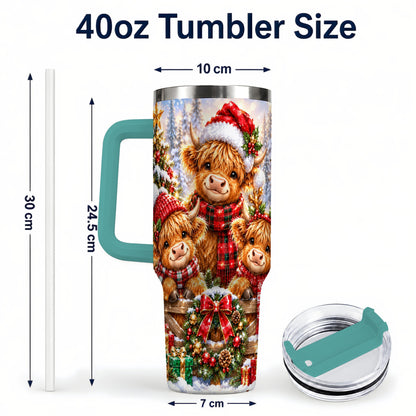 #pl[40oz|Green] Sparkling Highland Cow 40oz Tumbler with Handle, Christmas Travel Cup
