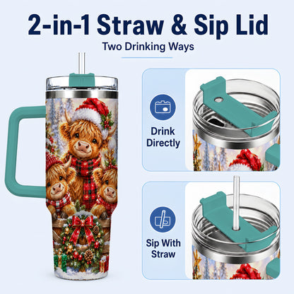 #pl[40oz|Green] Sparkling Highland Cow 40oz Tumbler with Handle, Christmas Travel Cup