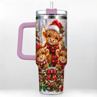 #pl[40oz|Pink] Sparkling Highland Cow 40oz Tumbler with Handle, Christmas Travel Cup