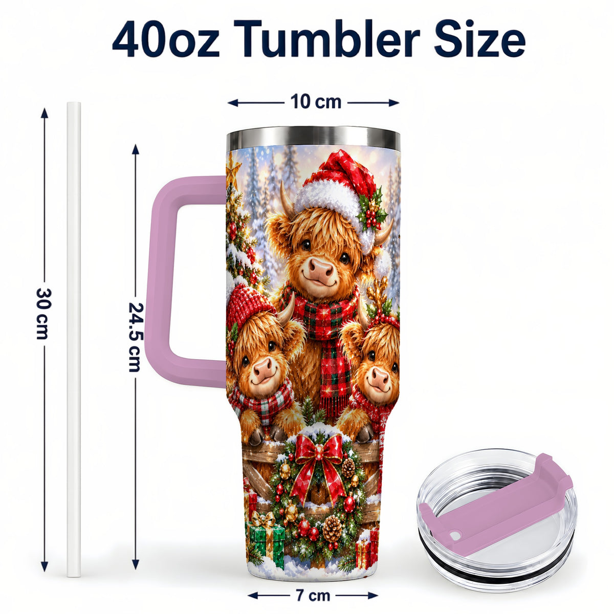 #pl[40oz|Pink] Sparkling Highland Cow 40oz Tumbler with Handle, Christmas Travel Cup