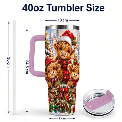 #pl[40oz|Pink] Sparkling Highland Cow 40oz Tumbler with Handle, Christmas Travel Cup
