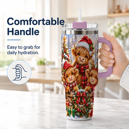 #pl[40oz|Pink] Sparkling Highland Cow 40oz Tumbler with Handle, Christmas Travel Cup