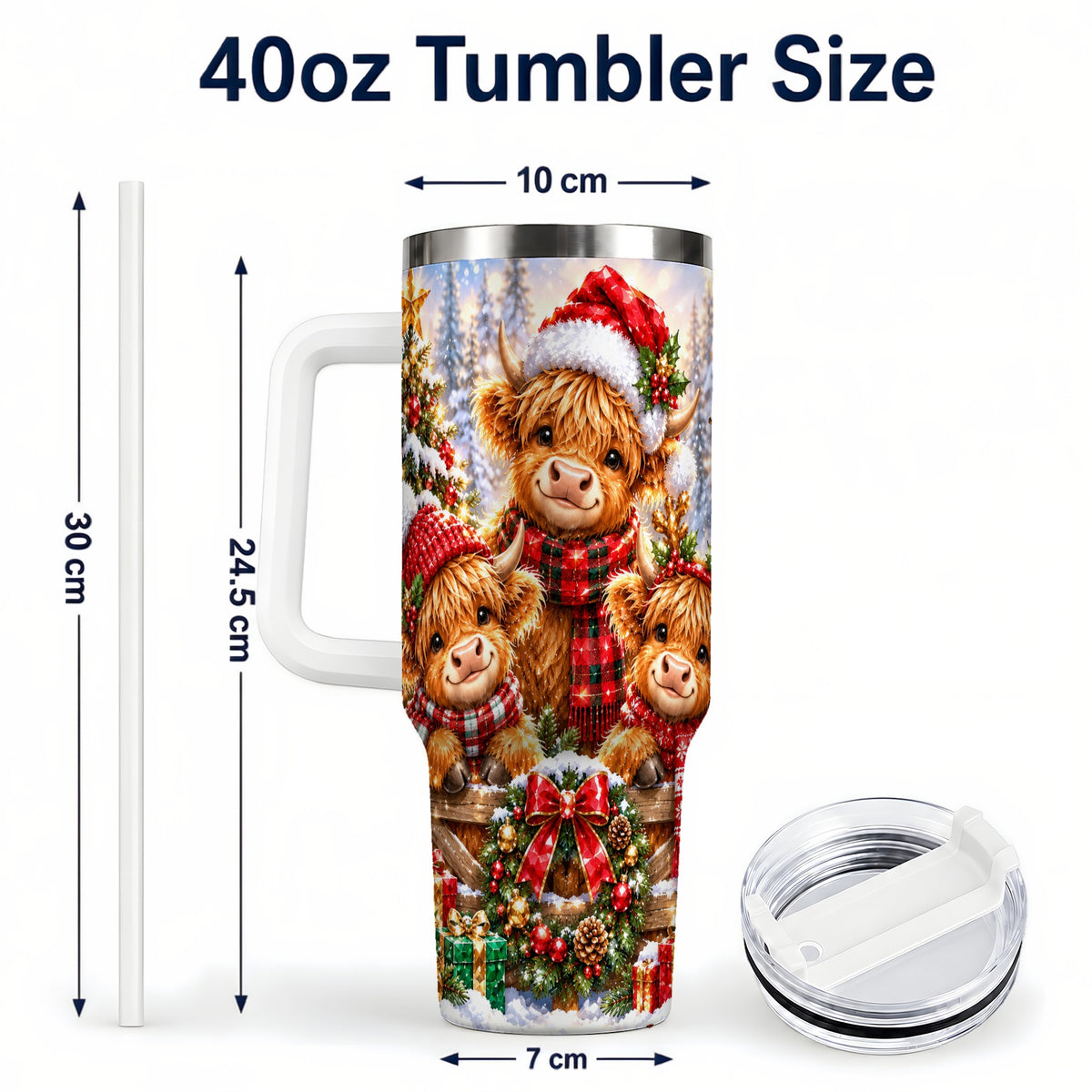 #pl[40oz|White] Sparkling Highland Cow 40oz Tumbler with Handle, Christmas Travel Cup