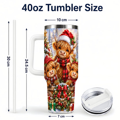 #pl[40oz|White] Sparkling Highland Cow 40oz Tumbler with Handle, Christmas Travel Cup
