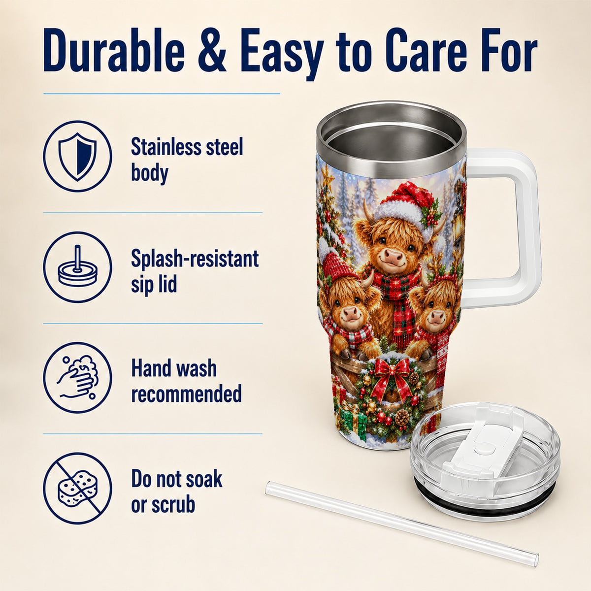 Sparkling Highland Cow 40oz Tumbler with Handle, Christmas Travel Cup