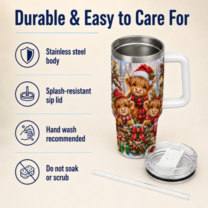 Sparkling Highland Cow 40oz Tumbler with Handle, Christmas Travel Cup