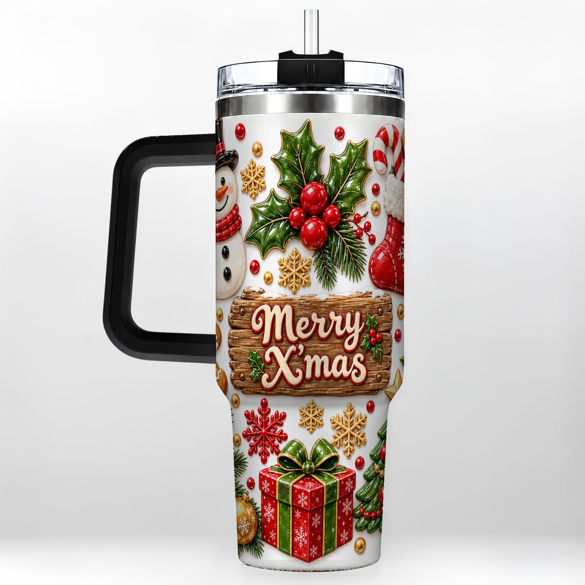 #pl[40oz|Black] Christmas Icons 40oz Tumbler with Handle, Snowman Holiday Travel Cup