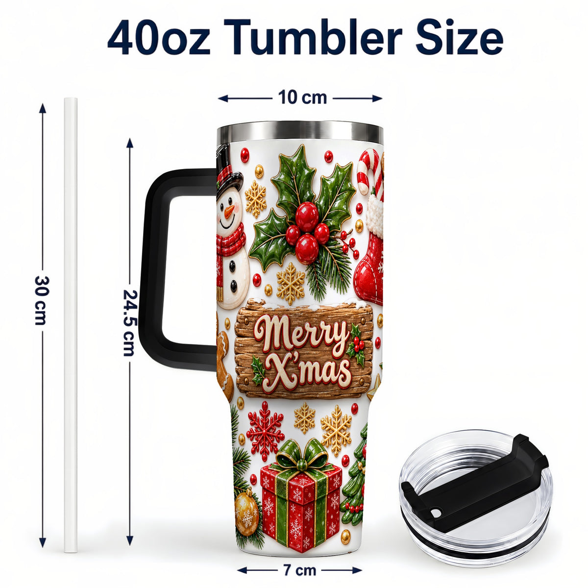 #pl[40oz|Black] Christmas Icons 40oz Tumbler with Handle, Snowman Holiday Travel Cup