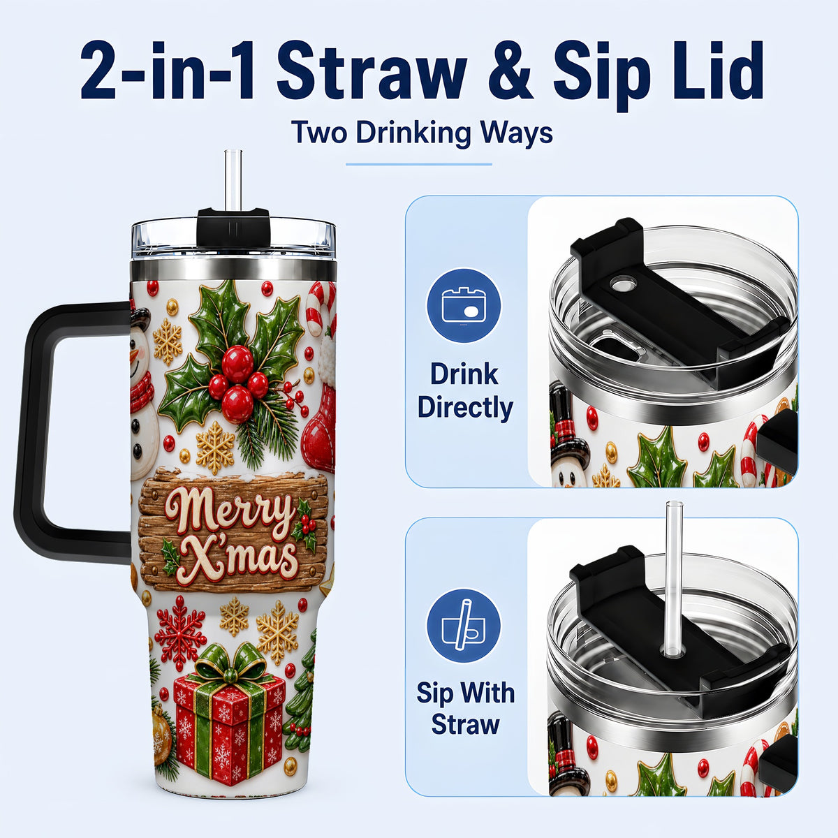 #pl[40oz|Black] Christmas Icons 40oz Tumbler with Handle, Snowman Holiday Travel Cup