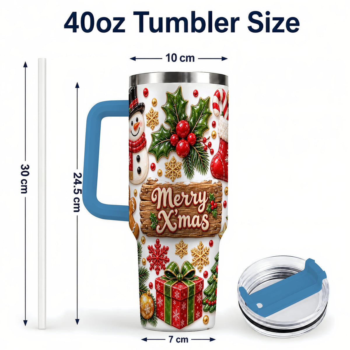 #pl[40oz|Blue] Christmas Icons 40oz Tumbler with Handle, Snowman Holiday Travel Cup